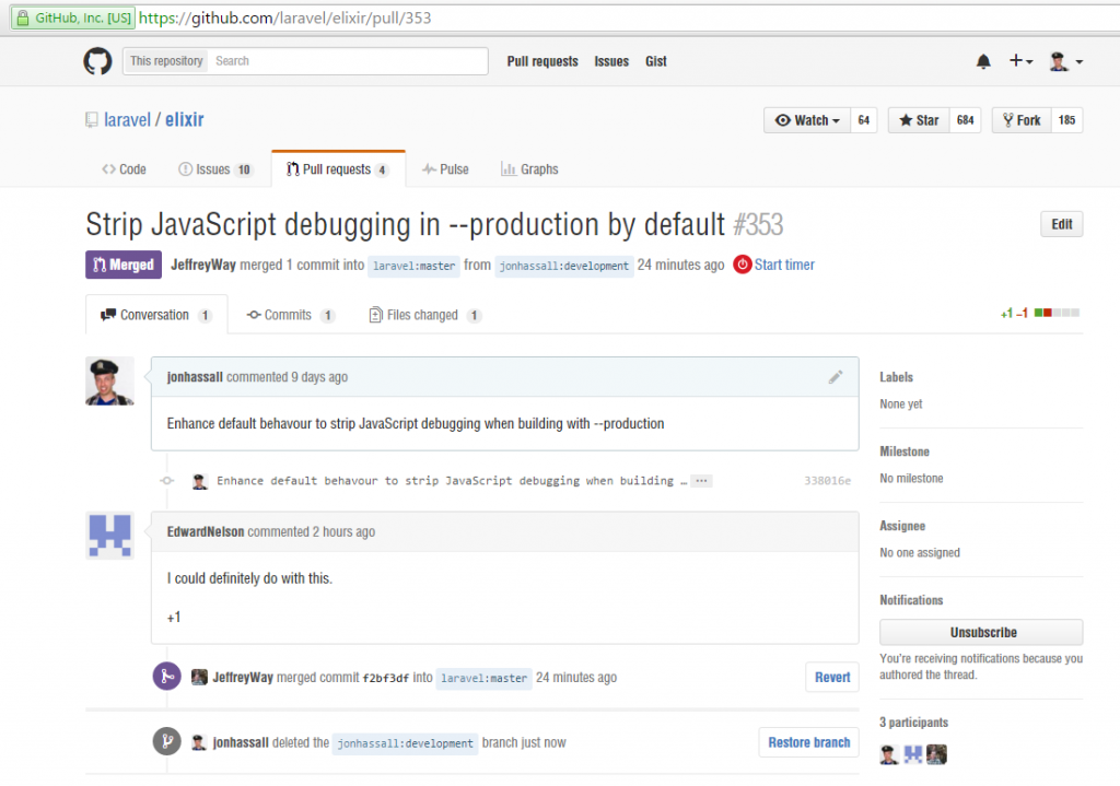 Github Pull Request for Laravel Elixir