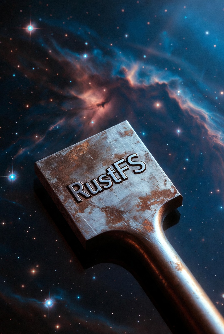 A tall, rectangular metallic monolith stands upright in the vastness of outer space. The surface of the metal is heavily rusted and corroded, with patches of reddish-brown rust spreading across its edges and corners, giving it an aged, weathered appearance. Bold, engraved capital letters reading "RustFS" are prominently displayed on the front face of the monolith. In the background, a starry cosmos stretches endlessly, with distant nebulae, twinkling stars, and a large, partially illuminated planet or moon visible in the upper right. The scene evokes a sense of ancient, forgotten technology drifting through deep space.
